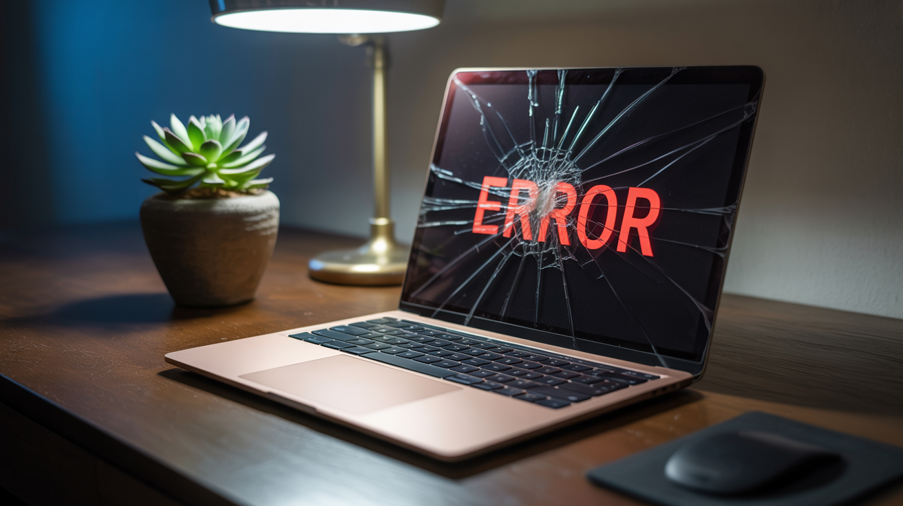 Laptop with broken screen showing ERROR message